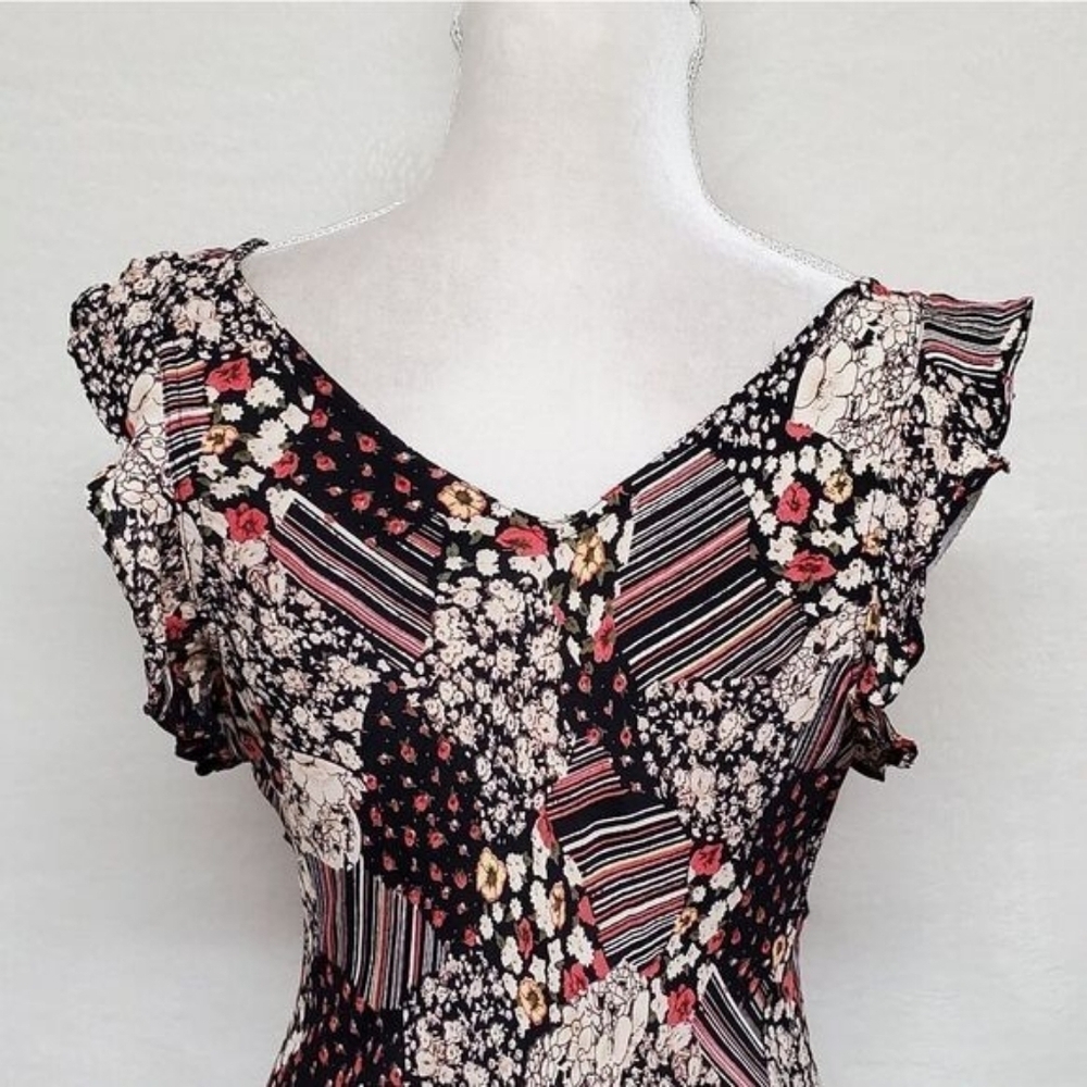 90s Vintage Her Style Floral Striped Faux Patchwork Butterfly Sleeve Midi Dress - Picture 12 of 16